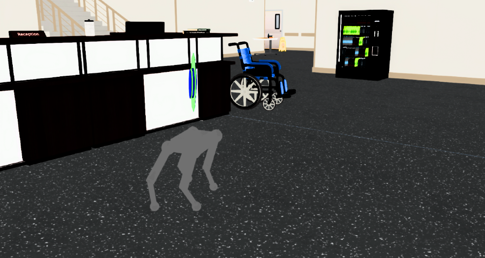 An NVIDIA Isaac Sim scene: a grey quadruped robot walking across a speckled indoor floor past a reception desk, a wheelchair and a vending machine.