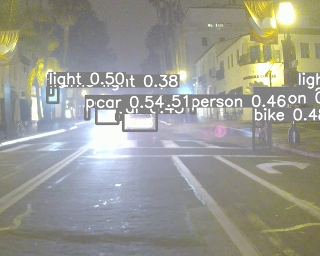 Fused RGB and thermal detection output on a night street: labelled boxes with confidence scores around a car, a person, a bike and traffic lights.